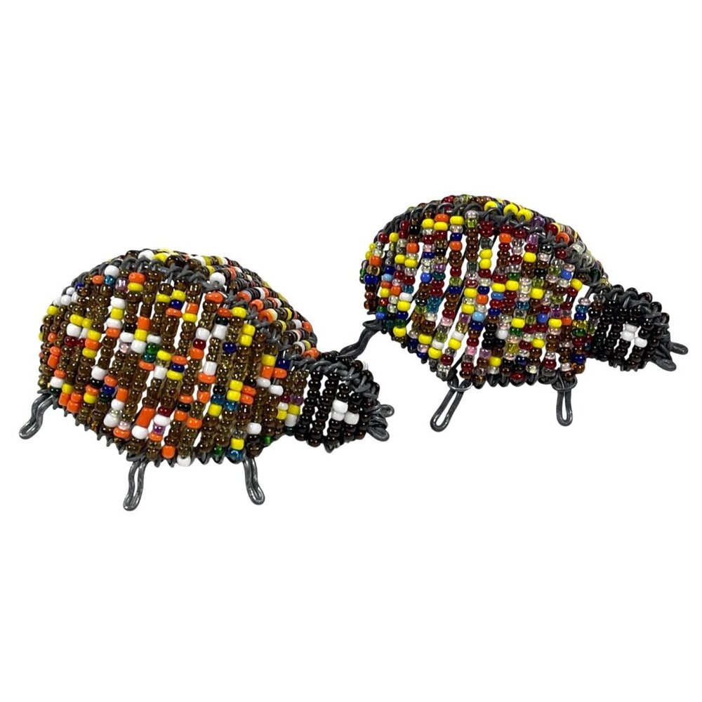 Handmade South Africa Wire Glass Bead Beetles Bugs Pair Set Lot Artisan Vintage